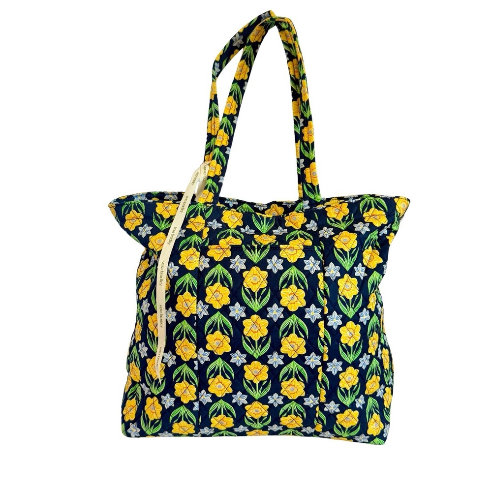Vera Bradley Daffodils Large Original Zip Tote Bag Blue Yellow EUC